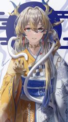 1girl absurdres alternate_costume arknights blonde_hair blue_hair dragon_girl dragon_horns earrings egasumi hair_between_eyes hair_intakes highres horns jewelry long_sleeves looking_at_viewer multicolored_hair pointy_ears sayunara shu_(arknights) smile solo