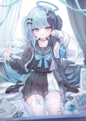 1girl absurdres armband bandaged_arm bandaged_leg bandages black_footwear black_hair black_shirt black_skirt blue_armband blue_eyes blue_hair blue_halo blue_nails blue_ribbon checkered_floor commentary_request curtains detached_wings expressionless full_body garter_straps grey_socks halo hands_up highres konpe_itou long_hair long_sleeves looking_at_viewer melting_halo multicolored_hair original parted_lips photo_(object) pill pincushion pleated_skirt ribbon safety_pin school_uniform serafuku shirt single_thighhigh skirt socks solo split-color_clothes split-color_hair spool stitched_neck stitches tamagotchi_(virtual_pet) thighhighs twintails very_long_hair white_garter_straps white_shirt white_skirt white_thighhighs wings yami_kawaii