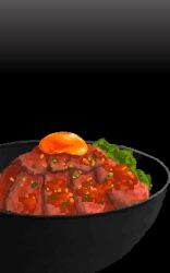 black_background bowl cutlet egg_yolk food food_focus highres hisachan55cute lettuce meat meat_day no_humans original pixel_art sauce simple_background still_life