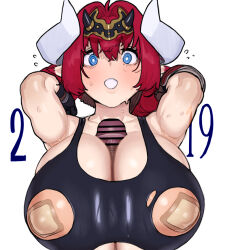 1girl @_@ arms_behind_head bandaid bandaids_on_nipples bar_censor blue_eyes breasts bright_pupils censored dated flying_sweatdrops gen&#039;en_(sioherashi) hair_intakes headdress huge_breasts kuu_fearse nipple_cutout open_mouth original paizuri paizuri_under_clothes pasties penis pointless_censoring pointy_ears red_hair solo_focus sweat white_pupils