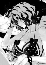 1girl antenna_hair bare_shoulders beach_umbrella bikini blush bow bow_bikini breasts cleavage collarbone drinking_straw from_side goshiki_suzu greyscale halterneck hand_up highres idolmaster idolmaster_million_live! idolmaster_million_live!_theater_days large_breasts looking_at_viewer monochrome on_chair parted_lips polka_dot polka_dot_bikini short_hair sitting smile solo swimsuit toyokawa_fuka tropical_drink umbrella upper_body wavy_hair wet