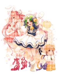 Rule 34 | 3girls, 58 (scbaby), animal ears, animal hat, apron, arm up, bell, blue dress, brown eyes, cat hat, dejiko, di gi charat, dice hair ornament, dress, gema, green hair, hair ornament, hands on own face, hat, hokke mirin, jingle bell, long hair, mittens, multiple girls, open mouth, puchiko, rabbit ears, red ribbon, red shoes, ribbon, shoes, sitting, twintails, usada hikaru, white apron, white mittens