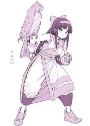 Rule 34 | 1girl, animal on arm, bird, blunt bangs, bow, closed mouth, commentary request, fingerless gloves, full body, gloves, hair bow, hairband, hawk, long hair, long sidelocks, looking at viewer, mamahaha, monochrome, nakoruru, pants, parted bangs, ponsuke (pon00000), purple theme, samurai spirits, short sleeves, sidelocks, smile, solo, standing, very long hair