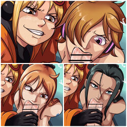 Rule 34 | 1boy, 4girls, absurdres, angry, assisted fellatio, bar censor, black gloves, black hair, blonde hair, blue eyes, breasts, brown eyes, brown hair, censored, eyewear on head, fellatio, gloves, goggles, gradient background, grin, headphones, highres, looking at viewer, medium breasts, multiple girls, nami (one piece), nico robin, nude, one eye covered, one piece, oral, orange hair, pink eyes, pov, s0 underrated, smile, vegapunk lilith, vegapunk york