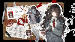 1girl absurdres axe blazer blood bloody_weapon brown_hair chibi chinese_text collared_shirt expressionless eyepatch grey_jacket highres holding holding_axe holding_knife jacket kitakawayui knife long_hair mask_over_one_eye multiple_views name_tag necktie one_side_up original red_necktie reference_sheet school_uniform shirt side_ponytail skirt weapon white_shirt
