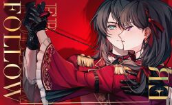 2girls absurdres bang_dream! bang_dream!_it&#039;s_mygo!!!!! black_collar black_hair blue_eyes chain collar commentary_request earrings epaulettes glint hair_ribbon hero45439083942 highres holding holding_hands holding_leash jacket jewelry leash long_hair mole mole_under_eye multiple_girls purple_eyes red_jacket red_ribbon ribbon shadow shiina_taki upper_body wide_sleeves yahata_umiri yuri