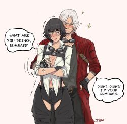 Rule 34 | 1boy, 1girl, anger vein, black gloves, black hair, black shirt, black shorts, breasts, cleavage, closed eyes, crossed arms, dante (devil may cry), devil may cry (series), devil may cry 5, fingerless gloves, gloves, goggles, goggles around neck, green eyes, grey background, groping, heterochromia, highres, jacket, jumpoon, lady (devil may cry), midriff, red eyes, red jacket, shirt, shorts, signature, simple background, smile, speech bubble, sweatdrop, white hair, white shirt