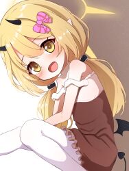 1girl :d bare_shoulders big_head black_wings blonde_hair blue_archive blush bow brown_background brown_dress brown_eyes commentary_request demon_girl demon_horns demon_tail demon_wings dress feet_out_of_frame frilled_dress frills hair_between_eyes hair_bow halo head_tilt highres horns ibuki_(blue_archive) knees_together_feet_apart long_hair looking_at_viewer low_twintails low_wings mini_wings neko_miyabi_(artist) open_mouth pantyhose pink_bow pointy_ears smile solo tail twintails two-tone_background very_long_hair white_background white_pantyhose wings