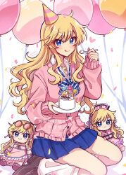 Rule 34 | 1girl, :q, absurdres, blonde hair, blue eyes, blue skirt, bow, bowtie, brown shoes, cardigan, character doll, closed mouth, doll, eating, grk 11601, highres, holding, holding spoon, idolmaster, idolmaster cinderella girls, loafers, long hair, long sleeves, loose socks, miniskirt, ohtsuki yui, pink cardigan, pleated skirt, school uniform, shoes, skirt, sleeves past wrists, smile, socks, solo, spoon, striped bow, striped bowtie, striped clothes, tongue, tongue out, water, watermark, white background, white socks