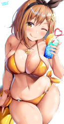 1girl 2024 ;p absurdres atelier_(series) atelier_ryza belko bikini black_ribbon blush breasts brown_eyes brown_hair cleavage collarbone cup dated drinking_glass drinking_straw food fruit groin hair_ornament hair_ribbon highres jewelry large_breasts lemon lemon_slice looking_at_viewer navel necklace o-ring o-ring_bikini o-ring_bottom one_eye_closed orange_bikini reisalin_stout ribbon side-tie_bikini_bottom smile star_(symbol) star_necklace stomach swimsuit thick_thighs thighs tongue tongue_out wet wide_hips wink