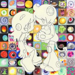 Rule 34 | 2others, abstract background, androgynous, android, animated, animated gif, boots, buttons, cable, cable tail, chinese commentary, closed eyes, closing eyes, commentary request, full body, greyscale with colored background, hair ornament, holding, holding stuffed toy, hole in chest, hole on body, kiss, kissing cheek, leaning forward, long hair, looping animation, mechanical tail, multicolored background, multiple others, oliwa, original, other focus, short hair, stuffed animal, stuffed rabbit, stuffed toy, tail