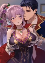 1boy 1girl absurdres blush breasts cleavage collarbone commission commissioner_upload cosplay couple fire_emblem fire_emblem:_genealogy_of_the_holy_war fire_emblem:_thracia_776 fire_emblem_heroes flower gloves grabbing_another&#039;s_breast groping hair_flower hair_ornament hetero highres ishtar_(fire_emblem) ishtar_(fire_emblem)_(echoing_thunder) jewelry large_breasts necklace nintendo official_alternate_costume onohito purple_eyes purple_hair reinhardt_(fire_emblem) reinhardt_(thrud_reborn)_(fire_emblem)