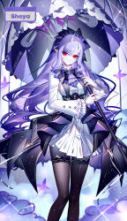 1girl absurdres artist_name ascot black_bow black_bowtie black_nails black_pantyhose black_skirt bow bowtie breasts center_frills chinese_commentary closed_mouth commentary_request cowboy_shot dress frilled_sleeves frills hair_bow highres holding holding_umbrella large_breasts long_hair long_sleeves looking_at_viewer mole mole_under_eye multicolored_hair nail_polish overskirt pantyhose parasol patterned_legwear pointy_ears purple_ascot purple_bow purple_bowtie purple_hair purple_umbrella red_eyes second-party_source sheya sidelocks signature skirt smile solo streaked_hair umbrella very_long_hair vivian_banshee white_dress zenless_zone_zero