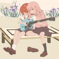 2girls 55bata6rou black_skirt black_socks blue_eyes blush bocchi_the_rock! crossed_ankles cube_hair_ornament flower foot_up full_body gotoh_hitori guitar hair_between_eyes hair_ornament head_on_another&#039;s_shoulder highres holding holding_guitar holding_instrument instrument iris_(flower) jacket kita_ikuyo loafers long_hair long_sleeves multiple_girls music on_bench one_side_up outdoors pink_hair pink_jacket playing_guitar playing_instrument pleated_skirt purple_flower red_hair school_uniform shirt shoes shuka_high_school_uniform sitting skirt smile socks track_jacket unworn_shoe white_shirt white_socks yuri