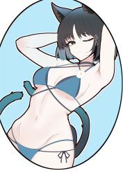 animal_ears bikini black_eyes black_tail blue_archive blue_bikini blue_halo blue_tail cat_ears cat_girl cat_tail colored_inner_animal_ears criss-cross_halter criss-cross_straps gradient_tail halo halterneck highres kikyou_(blue_archive) kikyou_(swimsuit)_(blue_archive) layered_bikini multi-strapped_bikini_bottom multiple_tails official_alternate_costume pythogamedaisu1 swimsuit tail two_tails