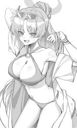 1girl 46_coffee bikini blue_archive bracelet breasts cleavage eyewear_on_head halo highres jewelry large_breasts navel o-ring o-ring_bikini official_alternate_hairstyle simple_background solo swimsuit white_background yukari_(blue_archive) yukari_(swimsuit)_(blue_archive)