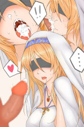 ! !! ... 1boy 1girl absurdres blindfold blonde_hair breasts censored commentary_request cum cum_in_mouth cum_on_tongue dress erection fellatio goblin_slayer! heart hetero highres jewelry large_breasts mosaic_censoring naga_no_chahua_hui necklace nun open_mouth oral penis spoken_ellipsis spoken_exclamation_mark spoken_heart sword_maiden veil white_dress white_veil