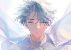 1boy blue_eyes cape closed_mouth high_collar highres lllanxi looking_at_viewer male_focus nice_(to_be_hero_x) shirt short_hair simple_background solo to_be_hero to_be_hero_x white_background white_cape white_hair white_shirt
