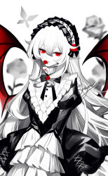 1girl artist_name bow bowtie dress frilled_sleeves frills hairband highres juliet_sleeves limited_palette long_sleeves original puffy_sleeves red_eyes sheya signature solo spot_color upper_body white_background wings