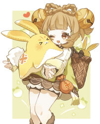 &gt;_&lt; 1girl :3 ;d bag basket bell bloomers blunt_bangs blush border bow-shaped_hair braid brown_dress brown_eyes brown_hair closed_mouth commentary_request double-parted_bangs dress eyelashes genshin_impact green_background green_jacket hair_bell hair_ornament heart jacket jingle_bell kun_(user_ahgn2825) long_sleeves looking_at_viewer one_eye_closed open_mouth outside_border outstretched_arms radish short_hair sidelocks simple_background smile solo tassel underwear white_bloomers white_border yaoyao_(genshin_impact) yuegui_(genshin_impact)