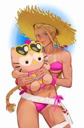 Rule 34 | 1girl, absurdres, belt, bikini, blonde hair, blue eyes, braid, breasts, cammy white, hat, hello kitty, hello kitty (character), highres, lehmann, long hair, looking at viewer, navel, sanrio, scar, solo, street fighter, street fighter 6, swimsuit, tan, tanline, twin braids