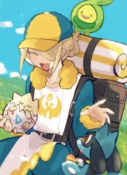 1boy ^_^ apron backpack bag belt belt_buckle blonde_hair blue_hat blue_jumpsuit blue_sky brown_bag buckle budew cabbie_hat closed_eyes cloud commentary_request creatures_(company) fang fur-trimmed_sleeves fur_trim game_freak gen_2_pokemon gen_4_pokemon ginkgo_guild_uniform grass hair_bun hair_over_one_eye happy hat holding holding_pokemon jumpsuit looking_at_viewer mountainous_horizon multicolored_hat nintendo open_mouth outdoors pawpads pokemon pokemon_(creature) pokemon_legends:_arceus print_apron red_eyes riolu sidelocks sitting sky sleeping smile sstoh standing togepi volo_(pokemon) white_apron yellow_hat