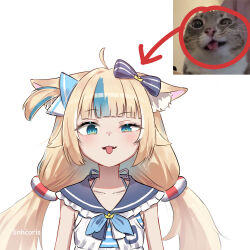 Rule 34 | 1girl, absurdres, ahoge, animal ear fluff, animal ears, blonde hair, blue bow, blue eyes, blue hair, bow, cat ears, dress, fang, hair bow, hashtag-only commentary, highres, indie virtual youtuber, lifebuoy hair ornament, linhcoris, long hair, low twintails, meme, multicolored hair, one side up, open mouth, photo-referenced, rigby the cat (meme), sameko saba, skin fang, sleeveless, sleeveless dress, solo, tongue, tongue out, twintails, two-tone hair, very long hair, virtual youtuber, white dress