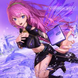 1girl black_boots black_shirt black_skirt blue_eyes boots breasts building cable city cityscape cleavage commentary crop_top dolphin english_commentary english_text fish flying_fish frutiger_aero headphones highres jumping long_hair looking_at_viewer megurine_luka midriff minidisc_player outstretched_hand perspective pink_hair pink_nails purple_theme science_fiction shirt skirt smile solo sony tim_yan vocaloid water wind_turbine windmill
