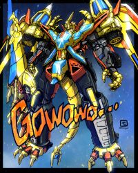 Rule 34 | absurdres, armor, dynazenon (character), flying, full armor, gattai, gridman (character), gridman universe, gridman universe (film), highres, holding, holding weapon, mecha, moyan, procreate (medium), robot, rogue kaiser gridman, ssss.dynazenon, ssss.gridman, standing, super robot, tokusatsu, weapon, western comics (style)