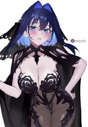 1girl alternate_costume artist_name black_cloak black_dress blue_eyes blue_hair blush breasts chain chronopattern_dress cloak dress highres hololive hololive_english large_breasts looking_at_viewer miychi moire ouro_kronii simple_background solo thigh_gap veil virtual_youtuber white_background