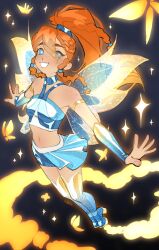 1girl absurdres bare_shoulders black_background bloom_(winx_club) blue_arm_warmers blue_boots blue_choker blue_eyes blue_shirt blue_skirt blue_wings blush boots braid bright_pupils bug butterfly choker commentary crop_top dot_nose english_commentary eyes_visible_through_hair fairy fairy_wings fire floating_clothes floating_hair full_body gold_armlet gradient_boots grin hair_between_eyes hair_tie half_up_braid halter_shirt halterneck high_heel_boots high_heels high_ponytail highres insect long_hair looking_at_viewer magical_girl midriff miniskirt multicolored_boots multiple_braids navel orange_hair outstretched_arms pleated_skirt ponytail shirt side_braids skirt smile solo sparkle thigh_boots twin_braids two-tone_boots two-tone_shirt two-tone_wings white_pupils white_shirt wikate wings winx_club winx_club_(reboot) yellow_boots yellow_wings