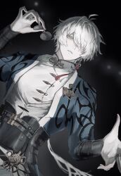 1boy antenna_hair black_corset blue_coat buttons coat collar collared_shirt corset dutch_angle earrings expressionless from_below hair_over_one_eye hands_up highres holding holding_removed_eyewear jewelry kashiko_0911 long_hair looking_at_viewer looking_down male_focus mole mole_under_mouth multiple_rings opaque_sunglasses open_hand parted_lips patterned_clothing pearl_earrings ponytail punishing:_gray_raven ring round_eyewear shirt single_earring solo tassel tassel_earrings three-quarter_sleeves unworn_eyewear wanshi:_lucid_dreamer_(pgr) wanshi_(pgr) white_collar white_hair white_undershirt yellow_eyes