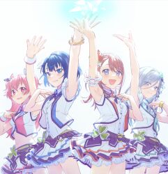 4girls :d absurdres akabino arm_up armpits belt blue_eyes blue_hair bow bracelet brown_hair collared_shirt crop_top frilled_skirt frills grey_eyes hair_between_eyes hair_bow hair_ornament hanasato_minori hand_on_own_chest highres hinomori_shizuku idol idol_clothes jewelry kiritani_haruka layered_skirt long_hair looking_at_viewer midriff mole momoi_airi multiple_girls navel necktie open_mouth parted_lips pink_eyes pink_hair pleated_skirt project_sekai purple_eyes ribbon shirt short_hair simple_background skirt sleeveless smile swept_bangs two_side_up vest white_background white_shirt white_skirt white_vest