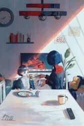 Rule 34 | 1boy, 1girl, breaking news, clock, flat screen tv, gundam, gundam gquuuuuux, highres, mother and son, rendaaa fe, television, wall clock, watching television
