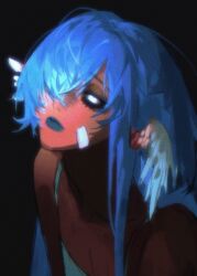 1girl asymmetrical_wings bandaid bandaid_on_face black_background black_eyeshadow blacksheep blank_eyes blue_hair blue_lips chinese_commentary closed_mouth commentary_request dark dark-skinned_female dark_skin expressionless eyeshadow facing_up feathered_wings film_grain flat_chest hair_over_one_eye head_wings heavy_film_grain highres lipstick long_hair makeup one_eye_covered original portrait sidelighting simple_background solo spaghetti_strap white_wings wings