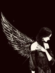 1girl black_background detached_sleeves feathered_wings greyscale highres long_hair looking_down looking_to_the_side monochrome original solo tp_p_pt wings