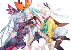 Rule 34 | 3girls, aqua eyes, aqua neckerchief, artist logo, beret, black jacket, black shoes, blonde hair, blue eyes, blunt bangs, bow, breasts, brown pantyhose, bukurote, capelet, carrot rabbit (bukurote), commentary request, double-parted bangs, dress, frilled dress, frilled wristband, frills, grey hair, grey skirt, hair flaps, hair ornament, hairclip, hat, heart, heart-shaped pupils, jacket, large breasts, logo, medium hair, multicolored hair, multiple girls, neckerchief, orange bow, original, pantyhose, parted bangs, pink eyes, pleated skirt, purple bow, purple dress, school uniform, shirt, shoes, sidelocks, skirt, stuffed animal, stuffed rabbit, stuffed toy, symbol-shaped pupils, textless version, thigh strap, twintails, two-tone hair, white background, white hair, white neckerchief, white pantyhose, wristband, yellow eyes, yellow shirt
