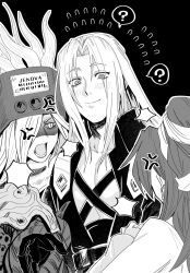 1boy 2girls ? alien anger_vein angry armor black_gloves blank_speech_bubble blush bound bound_wrists chest_strap commentary earrings facing_away final_fantasy final_fantasy_vii floating_earring flying_sweatdrops gloves greyscale hair_over_one_eye hand_up headwear_request high_collar high_ponytail highres jenova jewelry keiseki1 long_bangs long_hair long_sleeves looking_at_another lucrecia_crescent monochrome multiple_girls open_clothes open_mouth parted_bangs ponytail screentones sephiroth shaded_face shoulder_armor slit_pupils smile speech_bubble