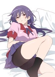 1girl absurdres bed_sheet bike_shorts black_socks blue_hair blue_ribbon blue_skirt blush breasts hanamonogatari highres kanbaru_suruga large_breasts long_hair looking_at_viewer lying manimani_(mani_ma) monogatari_(series) naoetsu_high_school_uniform neck_ribbon on_back on_bed pillow pink_shirt pleated_skirt ribbon school_uniform shirt short_sleeves shorts shorts_under_skirt skirt socks solo sweatdrop twintails