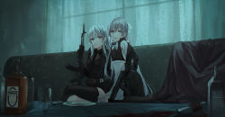 1girl :d aek-971 an-94 apron assault_rifle black_jacket black_necktie black_shirt black_shorts black_thighhighs blue_ribbon bottle brown_eyes chihuri cigarette closed_mouth commentary_request couch cup curtains drinking_glass female_focus fork frilled_apron frills gun hair_between_eyes hair_ribbon holding holding_gun holding_weapon indoors jacket kneeling long_hair long_sleeves matchbox necktie on_couch open_clothes open_jacket open_mouth original plate ribbon rifle shirt short_shorts shorts silver_hair sitting smile solo thighhighs transparent very_long_hair weapon weapon_request white_apron white_shirt window wine_glass yana_(chihuri) zoya_petrovna_vecheslova