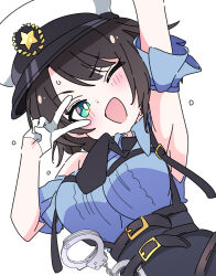1girl ;d arm_up armpits bare_shoulders black_skirt blue_shirt blue_sleeves blush brown_hair commentary_request cuffs detached_sleeves gloves green_eyes hand_up handcuffs hat hololive ixy official_alternate_costume one_eye_closed oozora_subaru oozora_subaru_(police) open_mouth outstretched_arm shirt short_hair short_sleeves skirt sleeveless sleeveless_shirt smile solo v virtual_youtuber white_gloves white_hat