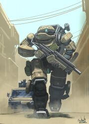 apartment blue_sky bottoms1237 building day full_body gun highres holding holding_gun holding_weapon mecha military_jeep motor_vehicle no_humans original road robot sky street weapon