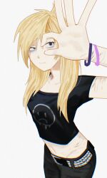 1girl absurdres belt black_pants black_shirt blonde_hair bracelet class_of_09 collarbone crop_top emily_(class_of_09) highres jewelry looking_to_the_side midriff ok_sign pants print_shirt reil3t shirt short_sleeves simple_background solo