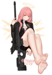 1girl absurdres arknights artist_name barefoot black_jacket black_shorts breasts cleavage closed_mouth gun halo highres holding holding_gun holding_weapon jacket lemuen_(arknights) looking_at_viewer panzi_panzer pink_eyes pink_hair shorts simple_background soles weapon white_background yellow_halo yellow_wings
