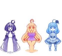 Rule 34 | 3girls, ahoge, antennae, belt, black belt, black gloves, black hair, black thighhighs, blue eyes, blue hair, blue shirt, blush stickers, boots, breasts, colored skin, crown, dress, gloves, grey dress, huge breasts, large breasts, long hair, merei oreo (thatartistann), monster girl, multicolored dress, multicolored hair, multiple girls, open mouth, orange eyes, orange hair, original, puffy short sleeves, puffy sleeves, shirt, short hair, short sleeves, simple background, slime girl, streaked hair, teeth, thatartistann, thick thighs, thighhighs, thighs, upper teeth only, white background, white hair, white skin, wide sleeves