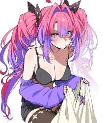 +_+ 1girl aemaru_(kenzenahemaru) ahoge black_bra black_shirt black_shorts blue_eyes blush bra breasts brown_ribbon brown_thighhighs cleavage closed_mouth collarbone detached_sleeves fingernails hair_intakes hair_ribbon hashtag-only_commentary highres holding holding_shirt holding_unworn_clothes hololive hololive_dev_is kikirara_vivi large_breasts long_hair long_sleeves multicolored_hair nail_polish pink_hair pink_nails pink_pupils purple_hair purple_sleeves raised_eyebrow ribbon shirt shorts simple_background sleeve_garter sleeves_past_wrists solo sparkle_print sweat thighhighs thighs twintails two-tone_hair underwear unworn_shirt virtual_youtuber white_background white_shirt