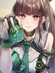 1girl bare_shoulders black_hair blunt_bangs blush breasts brown_eyes can drink_can eve_(stellar_blade) fingerless_gloves gloves highres holding holding_can huazhimaru0 long_hair looking_at_viewer planet_diving_suit_(7th)_(stellar_blade) ponytail smile soda_can solo stellar_blade sweat very_long_hair water_drop white_gloves
