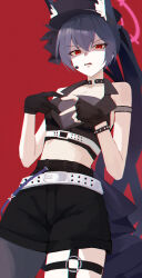 1girl absurdres animal_ear_fluff animal_ears bare_arms bare_shoulders black_gloves black_hair black_hat black_pantyhose black_ribbon black_shorts black_vest blue_archive bra cat_ears cat_girl cropped_vest disgust fingerless_gloves gloves grey_bra haimaotuanzi hair_between_eyes hair_ribbon hat high-waist_shorts highres long_hair looking_at_viewer microphone official_alternate_costume official_alternate_hairstyle open_mouth pantyhose peaked_cap ponytail ribbon serika_(blue_archive) serika_(idol)_(blue_archive) shaded_face short_shorts shorts sidelocks single_fingerless_glove single_leg_pantyhose solo thigh_strap underwear vest