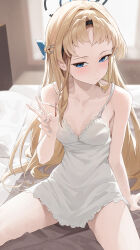 1girl absurdres alternate_costume alternate_hairstyle bare_arms bare_shoulders blue_archive blue_bow blue_eyes blush bow braid closed_mouth dress hair_bow highres looking_at_viewer parted_bangs re_naya sitting solo toki_(blue_archive) v white_dress