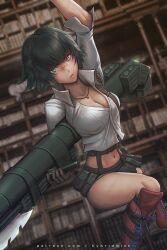 1girl black_hair boots breasts cleavage devil_may_cry devil_may_cry_(series) devil_may_cry_3 gloves green_eyes heterochromia holding holding_rocket_launcher holding_weapon hybridmink jewelry kalina_ann_(weapon) lady_(devil_may_cry) looking_at_viewer midriff navel necklace paid_reward_available patreon_username red_eyes rocket_launcher scar scar_on_face scar_on_nose short_hair weapon